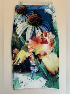 Floral Watercolor Pencil Skirt in Blue, Green and Orange